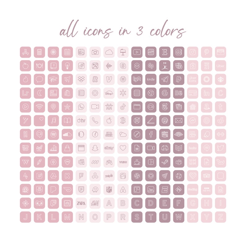 May include: A grid of 100 pink, light pink, and gray square icons with white outlines. The icons represent various social media platforms, apps, and letters of the alphabet. The text "all icons in 3 colors" is at the top of the grid.