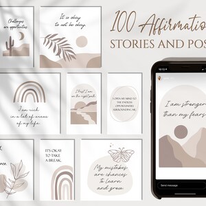 May include: A collection of 100 affirmation quotes for social media stories and posts. The quotes are displayed on a variety of backgrounds with abstract shapes and colors. The text includes phrases like "I am rich in a lot of areas of my life" and "I am stronger than my fears".