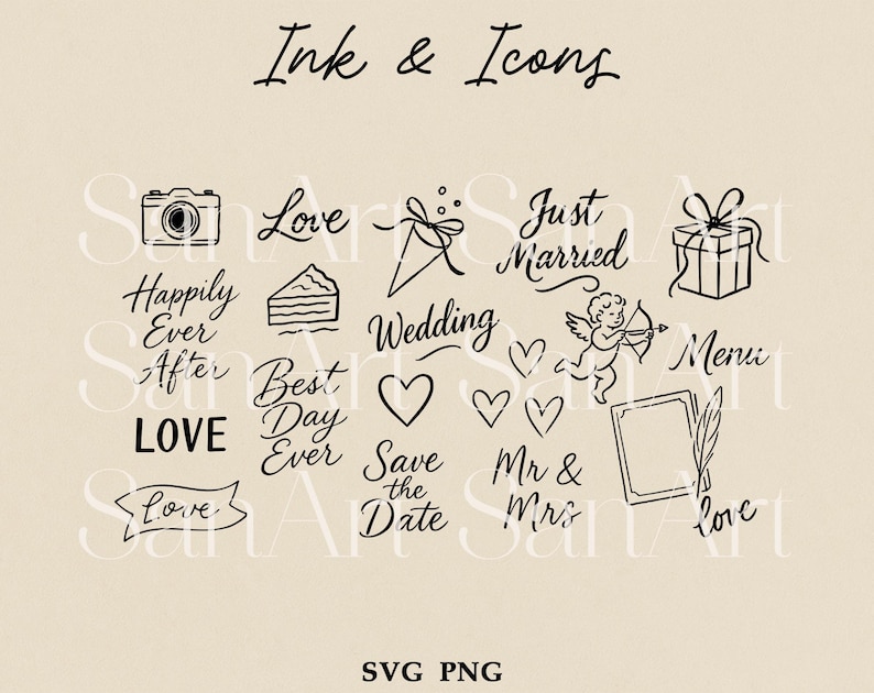 Hand Drawn Wedding Illustrations, Whimsical Wedding SVG Clipart Bundle ...