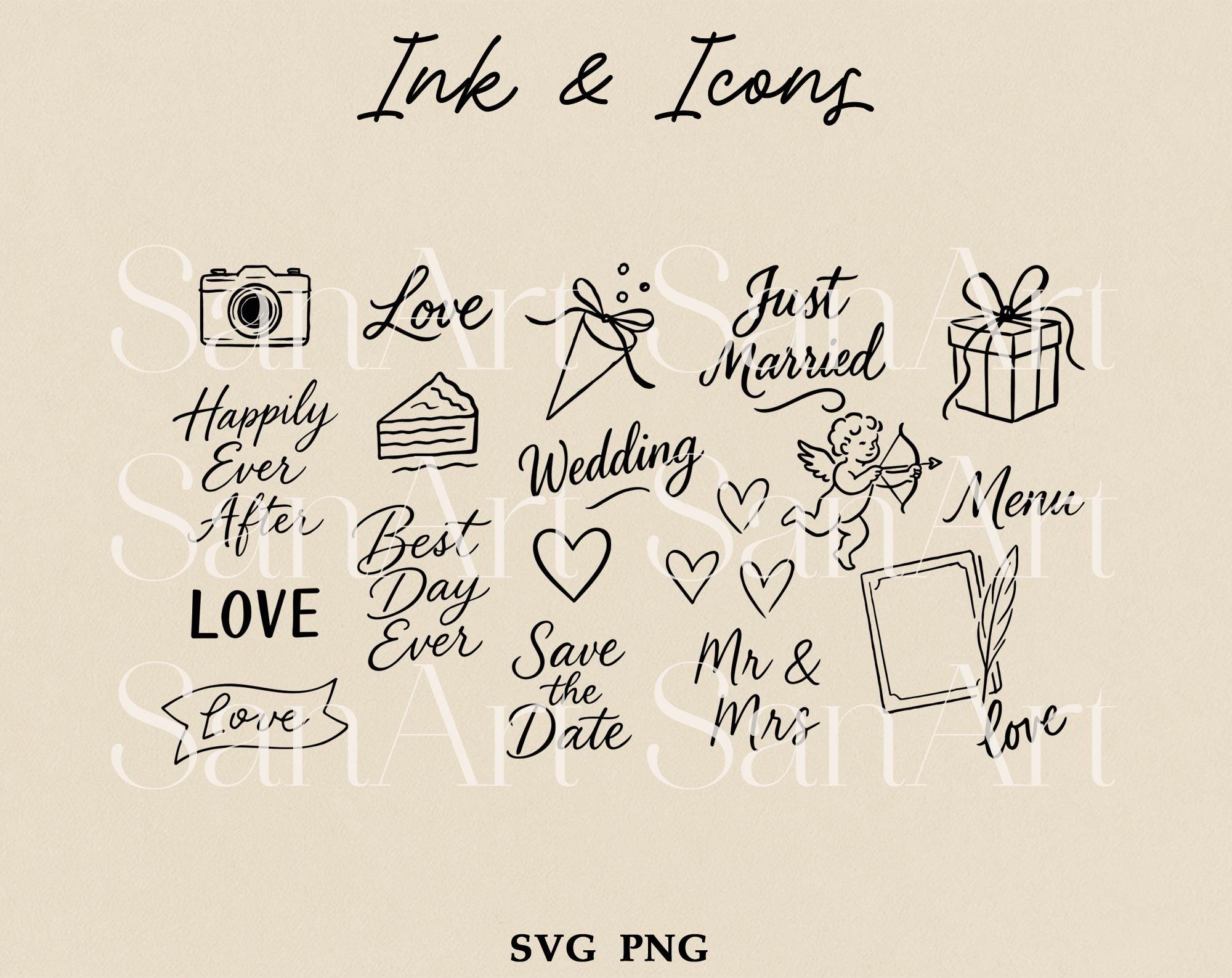 Hand Drawn Wedding Illustrations, Whimsical Wedding SVG Clipart Bundle ...