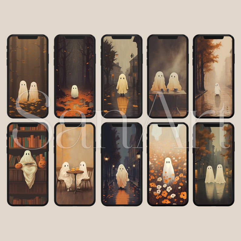 May include: Set of ten digital phone wallpapers featuring various scenes with ghosts in different settings, including a library, a forest, a city street, and a field of flowers.