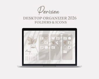 Desktop Wallpaper Organizer with Calendar, Mac Windows Organizer, Mac and Windows Desktop Folder Icons, Natural Minimal Wallpaper