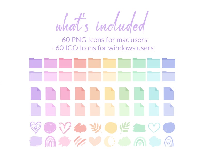 May include: A set of 60 pastel-colored folder and file icons for Mac and Windows users. The icons are in a rainbow gradient of purple, pink, orange, yellow, green, blue, and light blue.