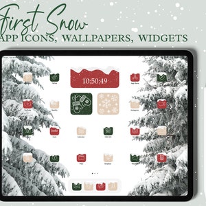 May include: A digital tablet screen displaying a winter-themed app icon set. The icons are in a grid pattern and feature a snowy forest background. The icons are in red, green, and beige colors with white outlines. The text "First Snow" is at the top of the screen. The time is displayed as 10:50:49.