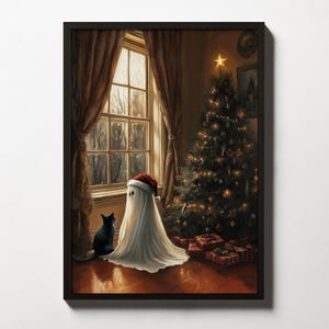 May include: A white ghost wearing a Santa hat sits next to a black cat in front of a decorated Christmas tree. The ghost is looking out a window with snow falling outside.