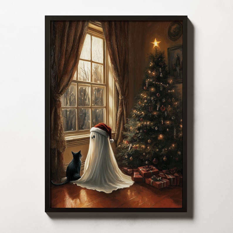 May include: A white ghost wearing a Santa hat sits next to a black cat in front of a decorated Christmas tree. The ghost is looking out a window with snow falling outside.