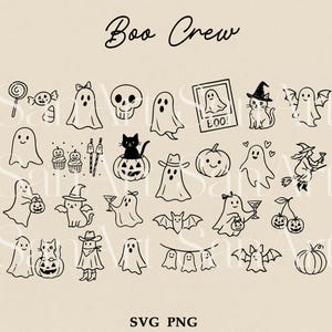 May include: A collection of black and white Halloween-themed illustrations. The image includes ghosts, a skull, a black cat, a witch, a pumpkin, bats, and the text "Boo Crew" and "SVG PNG".