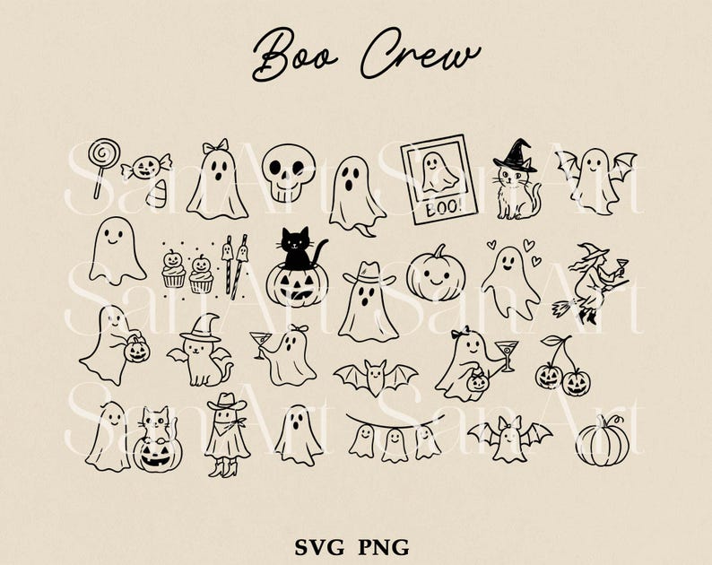 May include: A collection of black and white Halloween-themed illustrations. The image includes ghosts, a skull, a black cat, a witch, a pumpkin, bats, and the text "Boo Crew" and "SVG PNG".