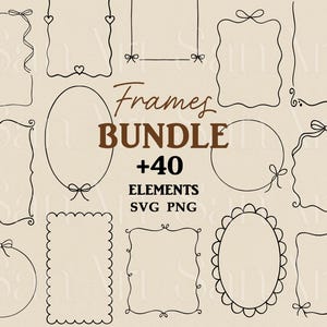 May include: A collection of hand-drawn black frames in various shapes, including rectangles, ovals, and circles, adorned with bows and decorative elements. The text "Frames Bundle +40 Elements SVG PNG" is also present.