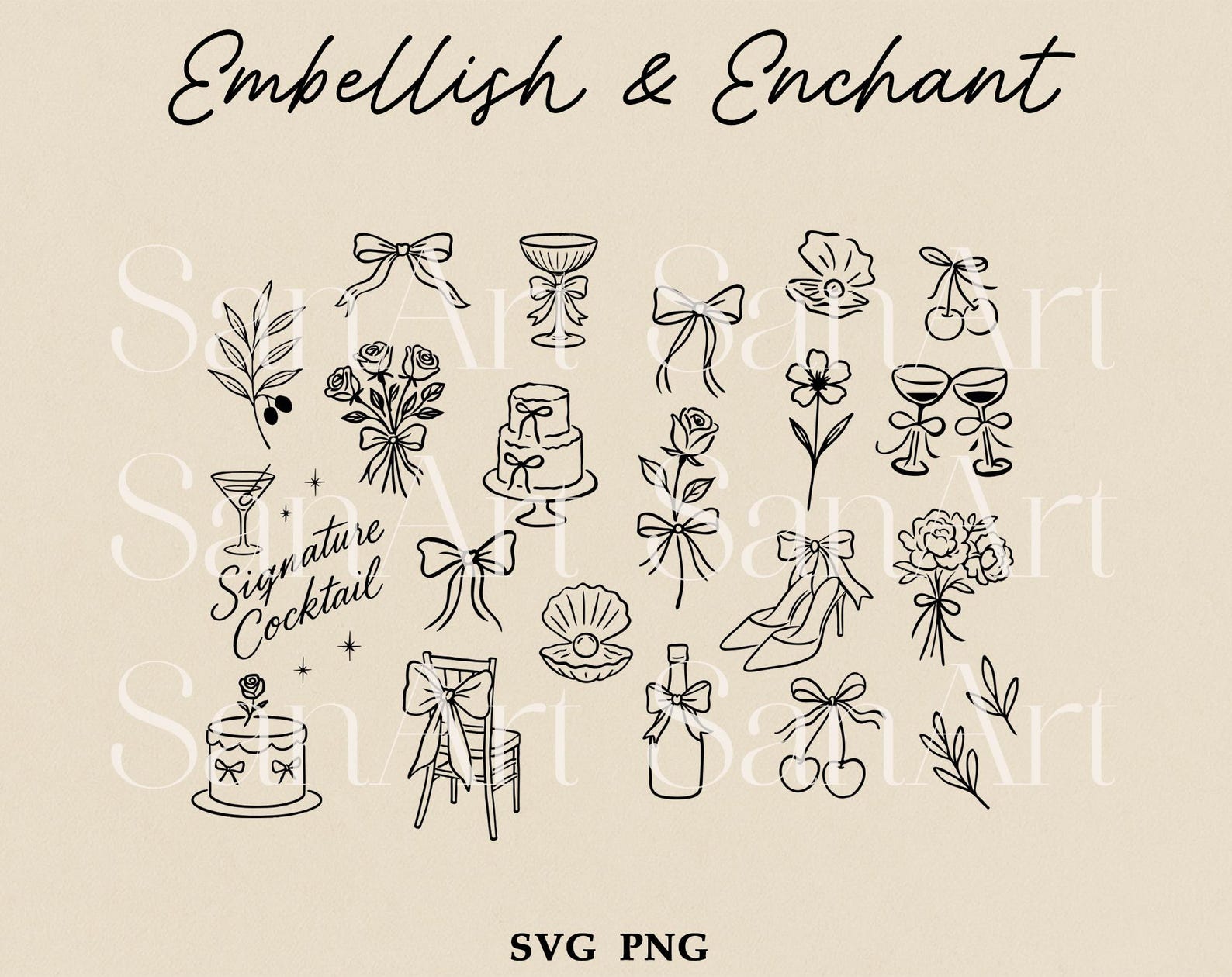 Hand Drawn Wedding Illustrations, Whimsical Wedding SVG Clipart Bundle ...