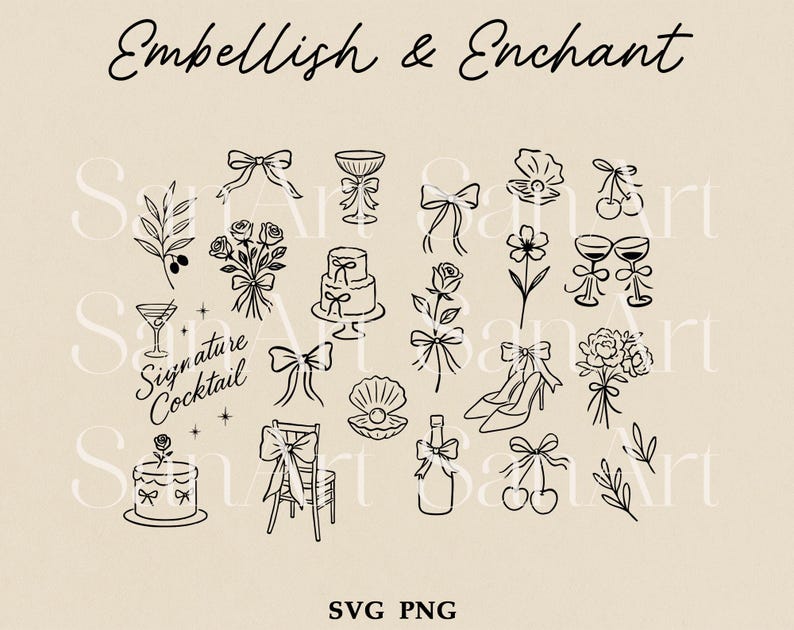 Hand Drawn Wedding Illustrations, Whimsical Wedding SVG Clipart Bundle ...