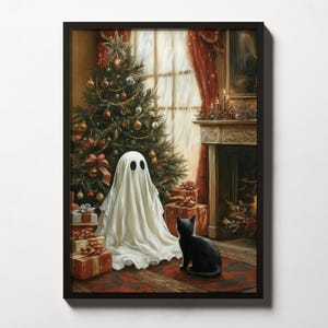 May include: A white ghost wearing a sheet stands in a room with a Christmas tree, presents, and a black cat. The ghost is looking at the cat, which is sitting on the floor.