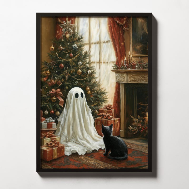May include: A white ghost wearing a sheet stands in a room with a Christmas tree, presents, and a black cat. The ghost is looking at the cat, which is sitting on the floor.