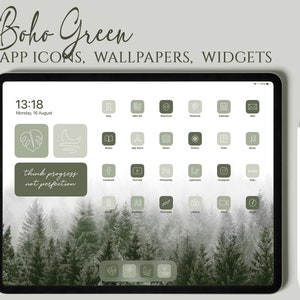 Boho Green iPad Desktop Icons, Green iPad App Icons, Boho iOS 14 Icon Pack, Boho Green iPad Desktop Icons, iPad Wallpapers and Widgets