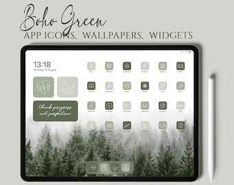 Op de afbeelding: Een digitaal tabletscherm dat een groene en witte app-pictogramset met een bosachtergrond weergeeft. De pictogrammen zijn in een raster gerangschikt en omvatten apps zoals Etsy, YouTube, Instagram en meer. De tekst "Boho Green" en "Think progress not perfection" is ook zichtbaar op het scherm.