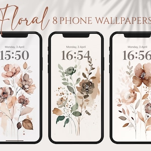 Blumen-Telefon-Hintergrundbilder, Aquarell-Hintergrundbilder für iPhone, minimalistisches Smartphone-Hintergrundbild-Set, iPhone-ästhetischer Hintergrund, Boho-Hintergrundbilder