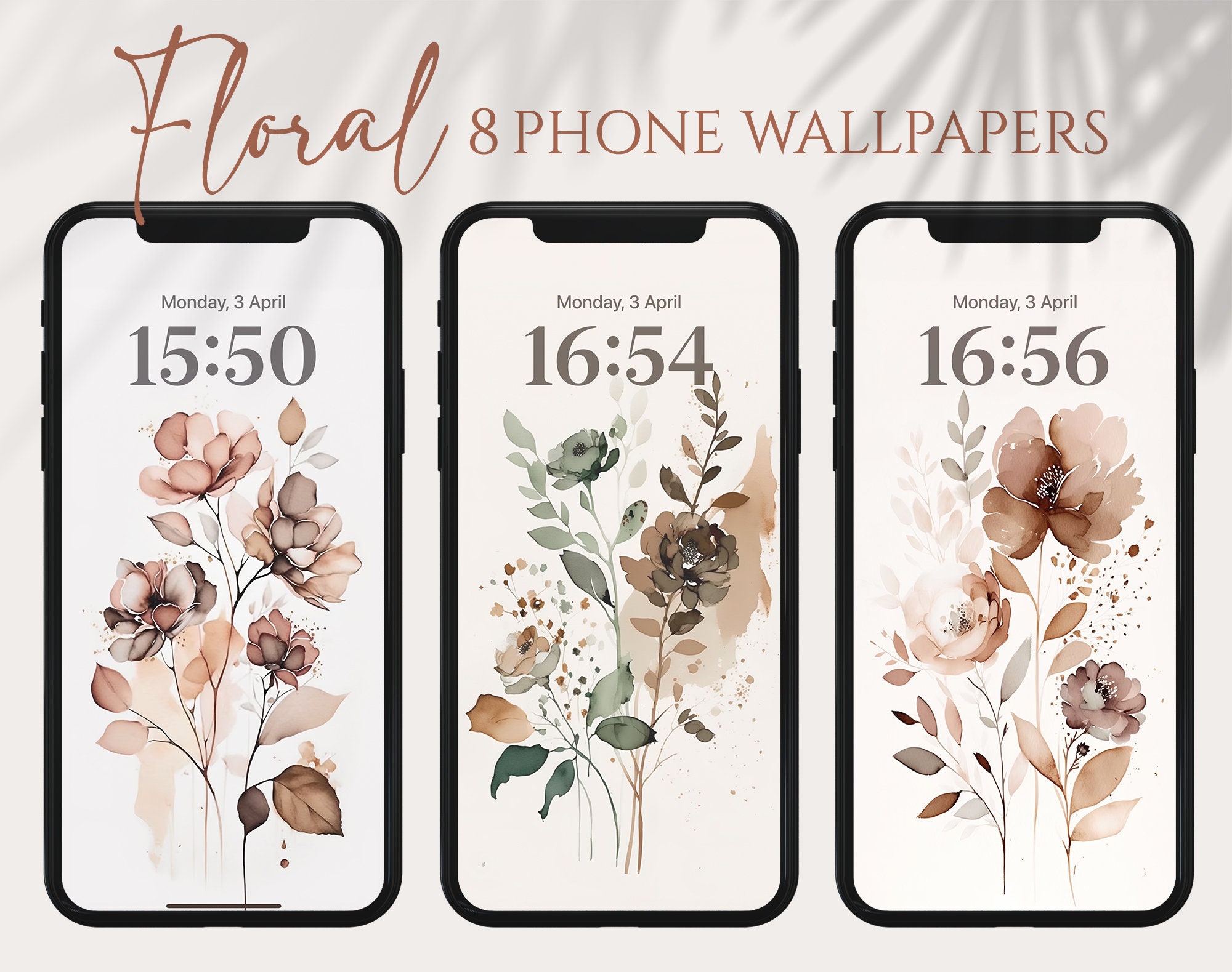 Floral Phone Wallpapers, Watercolor Wallpaper iPhone, Minimalist Smartphone Wallpaper Set, iPhone Aesthetic Background, Boho Wallpaper