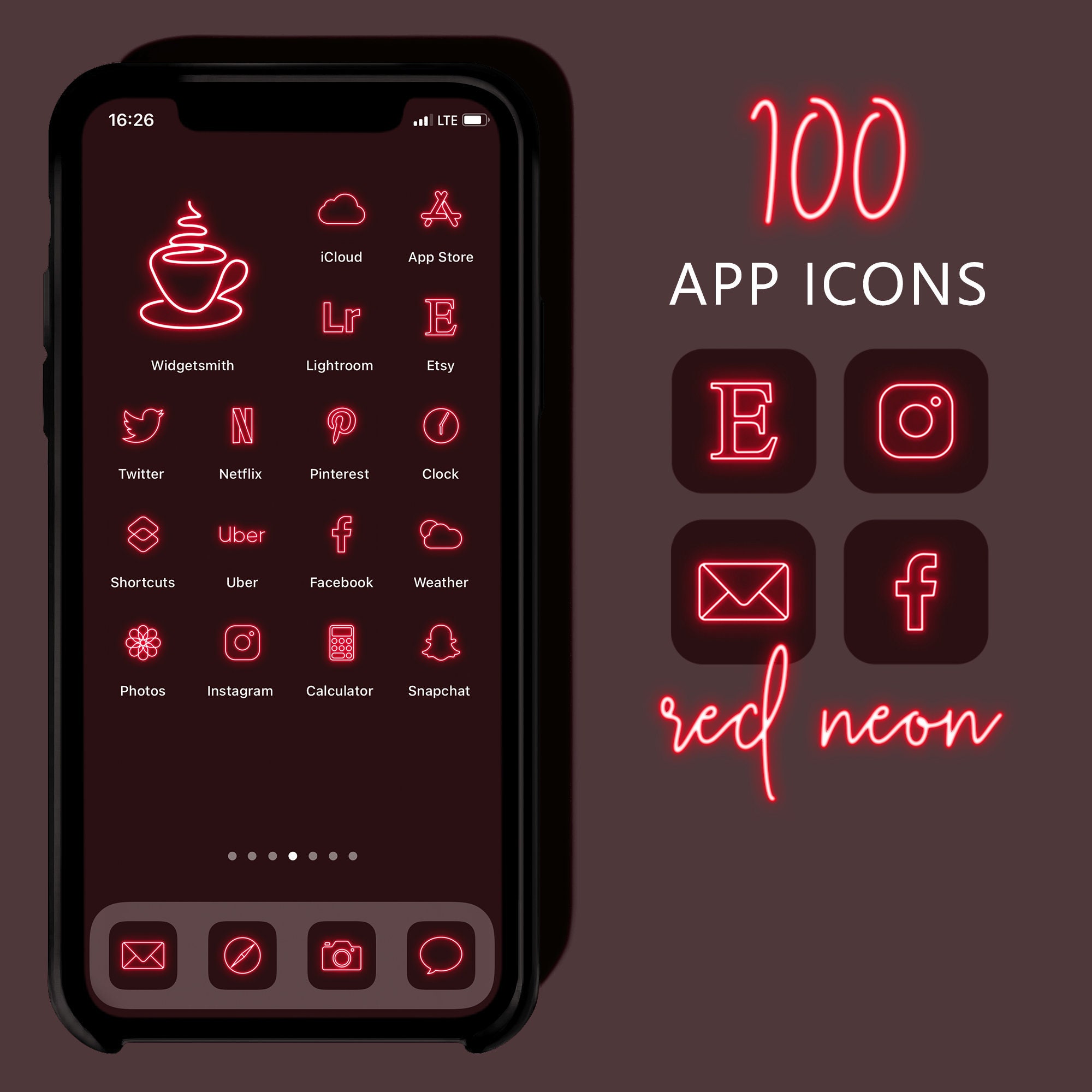 100 Red Neon App Icons Neon Aesthetic Ios 14 Icons Iphone Etsy