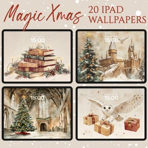 May include: Four digital illustrations of a magical Christmas theme. The first image shows a stack of books with a Christmas tree and ornaments. The second image shows a snowy scene with a castle and a Christmas tree. The third image shows a Christmas tree in a cathedral. The fourth image shows a white owl flying with presents.