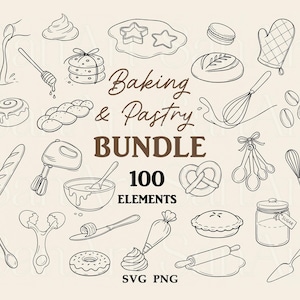 Op de afbeelding: Zwart-wit illustratie van bak- en banketbakkers elementen, waaronder een garde, deegroller, taart en suikerpot. De tekst "Baking & Pastry Bundle" en "100 Elements" zijn ook opgenomen. De afbeelding is een verzameling illustraties.
