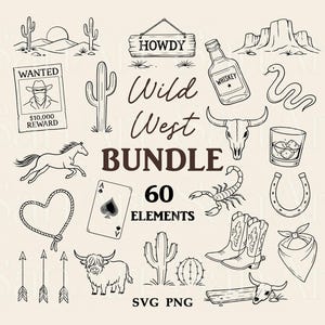 Hand Wild West Illustrations, Western Clipart Illustration Bundle, Doodle Clipart for Cowgirl, Cowboy Whimsical Style PNG, Howdy Western SVG