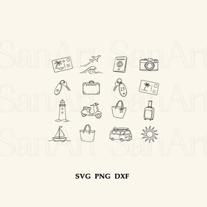 May include: A collection of black and white travel-themed illustrations, including a passport, camera, suitcase, keys, lighthouse, scooter, sailboat, tote bag, and a sun. The text "SVG PNG DXF" is at the bottom.