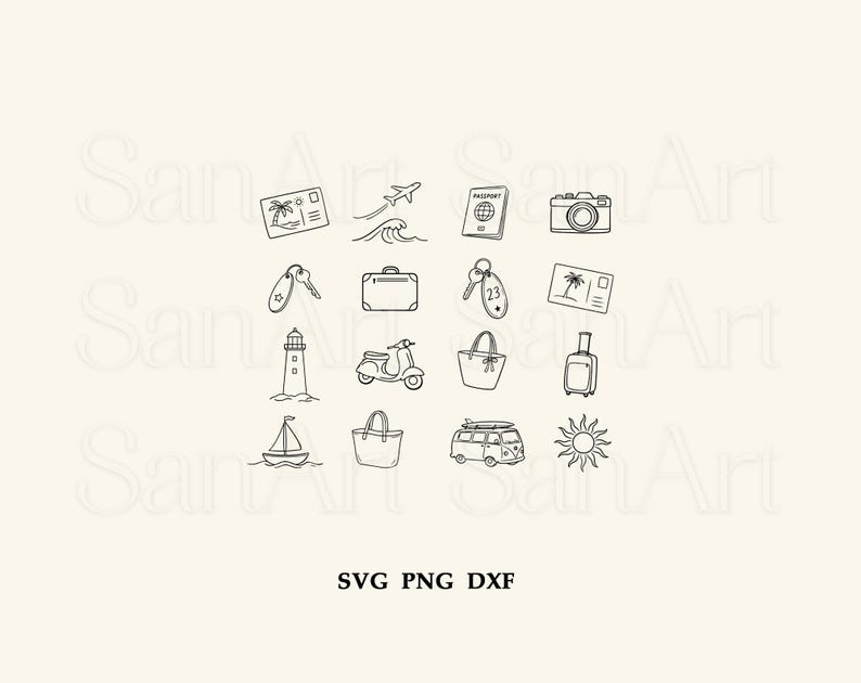 May include: A collection of black and white travel-themed illustrations, including a passport, camera, suitcase, keys, lighthouse, scooter, sailboat, tote bag, and a sun. The text "SVG PNG DXF" is at the bottom.