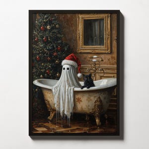 May include: A white ghost wearing a red Santa hat is in a bathtub with a black cat. The bathtub is decorated with gold accents and snowflakes. A Christmas tree is in the background.