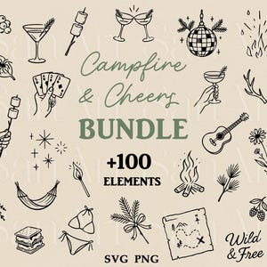 Hand Drawn Camping Illustrations, Camp Bachelorette SVG Bundle, Whimsical Camping Clipart Bundle, Mountain PNG Icons, Glamping Girls Trip