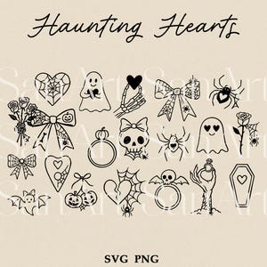 May include: A collection of black and white Halloween-themed illustrations, including ghosts, spiders, hearts, bows, and a skull. The text "Haunting Hearts" is at the top, with "SVG PNG" at the bottom. The illustrations are in a minimalist style.