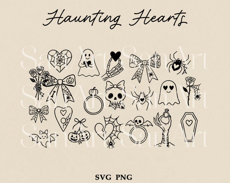May include: A collection of black and white Halloween-themed illustrations, including ghosts, spiders, hearts, bows, and a skull. The text "Haunting Hearts" is at the top, with "SVG PNG" at the bottom. The illustrations are in a minimalist style.