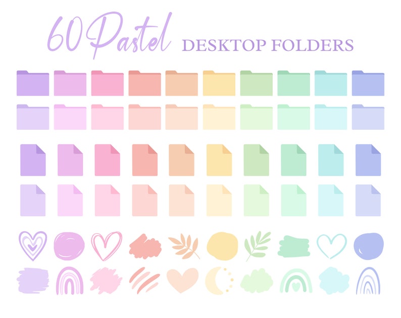 May include: 60 pastel colored desktop folder icons. The folders are in various pastel shades of purple, pink, orange, yellow, green, blue, and light blue. The icons are arranged in rows of six. Below the folders are various pastel colored icons, including hearts, leaves, rainbows, and clouds.