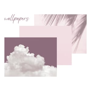 May include: Three digital wallpapers in a minimalist style. The first wallpaper is a pale pink with a shadow of a palm leaf. The second wallpaper is a solid pale pink. The third wallpaper is a pale purple with a large white cloud.
