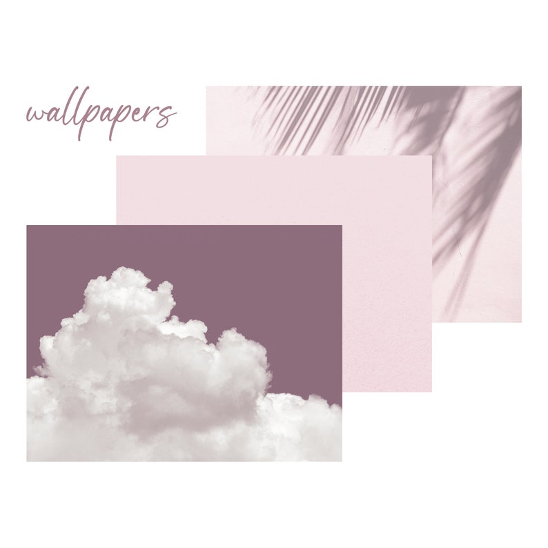 May include: Three digital wallpapers in a minimalist style. The first wallpaper is a pale pink with a shadow of a palm leaf. The second wallpaper is a solid pale pink. The third wallpaper is a pale purple with a large white cloud.