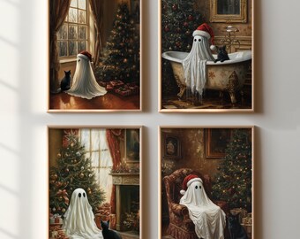 Christmas Ghost Posters Digital Print, Vintage Christmas Printable Wall Art, Ghost Printable, Ghost Oil Painting, Art Print Digital Download