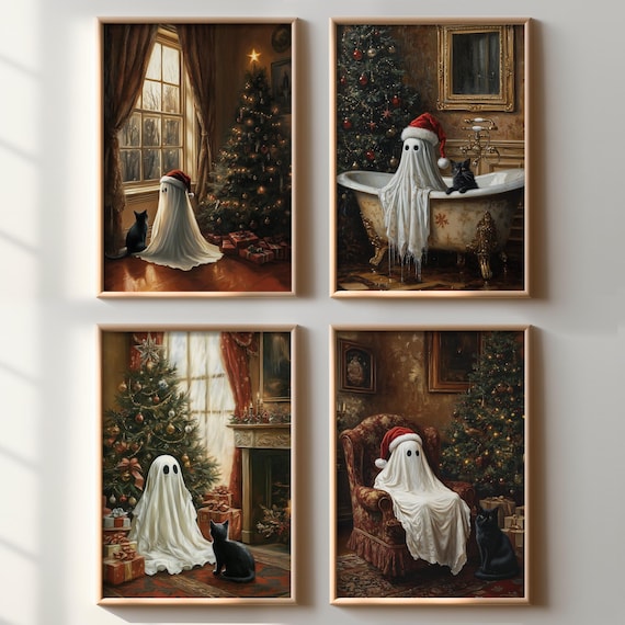 Christmas Ghost Posters Digital Print, Vintage Christmas Printable Wall Art, Ghost Printable, Ghost Oil Painting, Art Print Digital Download