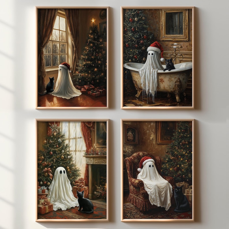 May include: Four framed paintings depicting a ghost wearing a Santa hat in various Christmas settings. Each painting features a ghost, a cat, and a Christmas tree.