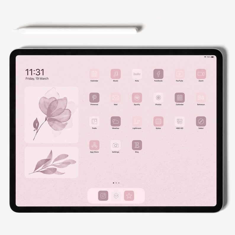 May include: A pink iPad screen with a watercolor floral design and a grid of app icons. The icons are outlined in white and include apps like Calendar, Music, Hulu, Facebook, YouTube, Zoom, Pinterest, Mail, Spotify, Photos, Calendar, Behance, Trello, Weather, Lightroom, Notes, HBO GO, Safari, App Store, Settings, and Etsy. The time is 11:31 and the date is Friday, 19 March.