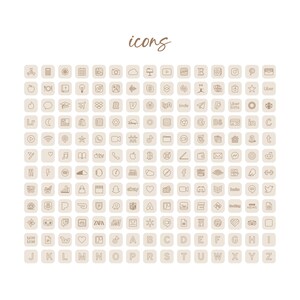 Pu&ograve; includere: Un set di 100 icone di contorno marroni su uno sfondo beige. Le icone includono lettere, numeri, loghi di social media e altri simboli comuni.