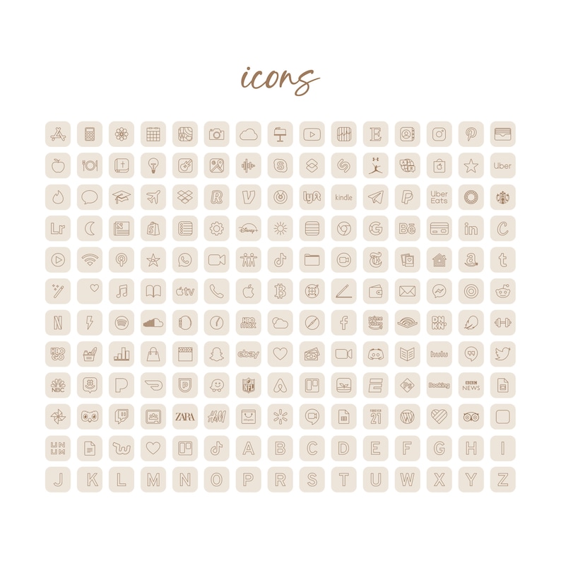 Pu&ograve; includere: Un set di 100 icone di contorno marroni su uno sfondo beige. Le icone includono lettere, numeri, loghi di social media e altri simboli comuni.