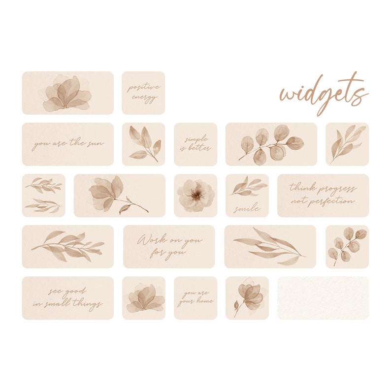 Op de afbeelding: Een set van 12 printbare digitale stickers met aquarel illustraties van bladeren en bloemen met motiverende citaten. De citaten zijn: "jij bent de zon", "positieve energie", "simpel is beter", "werk aan jezelf voor jezelf", "zie het goede in kleine dingen", "jij bent je thuis", "glimlach", "denk aan vooruitgang, niet aan perfectie".