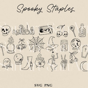 May include: Black and white line art illustrations of Halloween-themed objects, including a skull, candy, a VHS tape, cherries with skulls, a witch's hat, a spider web, a cauldron, and a skeleton. The words "Spooky Staples" are written at the top.