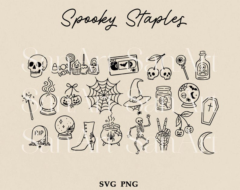 May include: Black and white line art illustrations of Halloween-themed objects, including a skull, candy, a VHS tape, cherries with skulls, a witch's hat, a spider web, a cauldron, and a skeleton. The words "Spooky Staples" are written at the top.