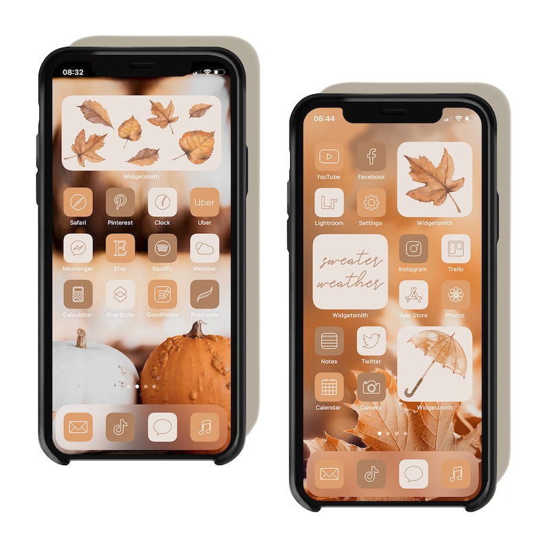 Pu&ograve; includere: Due schermate Home di iPhone con un tema autunnale. La prima schermata ha una zucca e foglie in basso e icone per app come Safari, Pinterest, Orologio, Uber, Messenger, Etsy, Spotify, Meteo, Calcolatrice, Scorciatoie, GoodNotes, Procreate, Posta, TikTok, Messaggi e Musica. La seconda schermata ha uno sfondo marrone con foglie e icone per app come YouTube, Facebook, Lightroom, Impostazioni, Widgetsmith, Instagram, Trello, App Store, Foto, Note, Twitter, Calendario, Fotocamera e Widgetsmith. Il testo "sweater weather" &egrave; sulla seconda schermata.