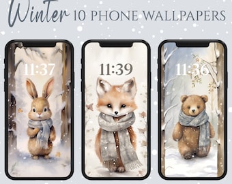 Christmas Animals Phone Wallpapers, Winter Wallpaper iPhone, Cute Christmas Animals Smartphone Wallpaper, Winter Watercolor Phone Background
