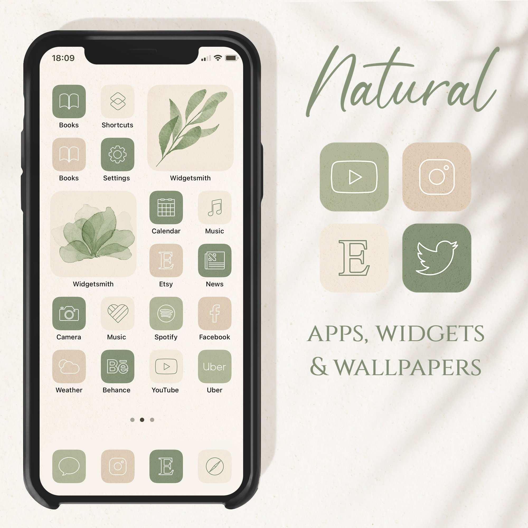 Natural App Icons, Boho Aesthetic App Icons, Minimal Icon iOS 14, Gre…