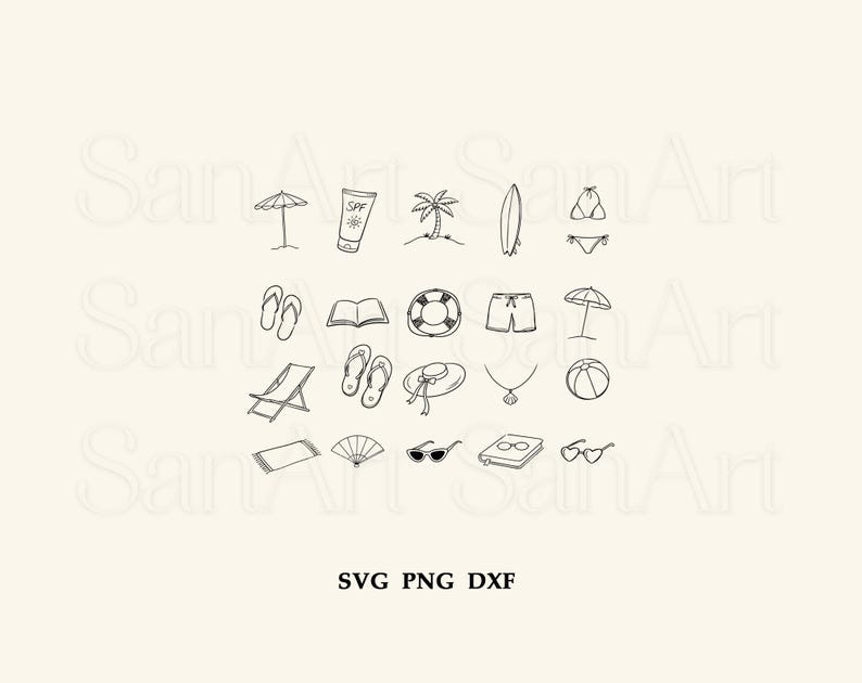 Summer Hand Drawn SVG Icons Bundle, Coastal Whimsical Clipart PNG, Doodles Pool Party Illustrations SVG, Beach Bachelorette Invitations image 5