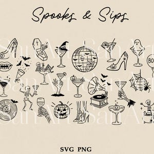 May include: Black and white line art illustrations of Halloween-themed items. Includes high heels, martini glasses, a disco ball, bats, a skeleton, a ghost, and the text "Spooks & Sips". The image is labeled "SVG PNG".