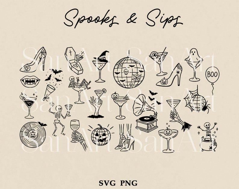 May include: Black and white line art illustrations of Halloween-themed items. Includes high heels, martini glasses, a disco ball, bats, a skeleton, a ghost, and the text "Spooks & Sips". The image is labeled "SVG PNG".