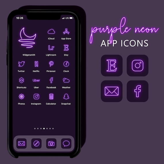 Purple Neon App Icons, Neon Aesthetic iOS 14 Icons, iPhone Icon Pack Neon, Neon Widgets, iPhone Icons Purple, Neon Purple App Covers